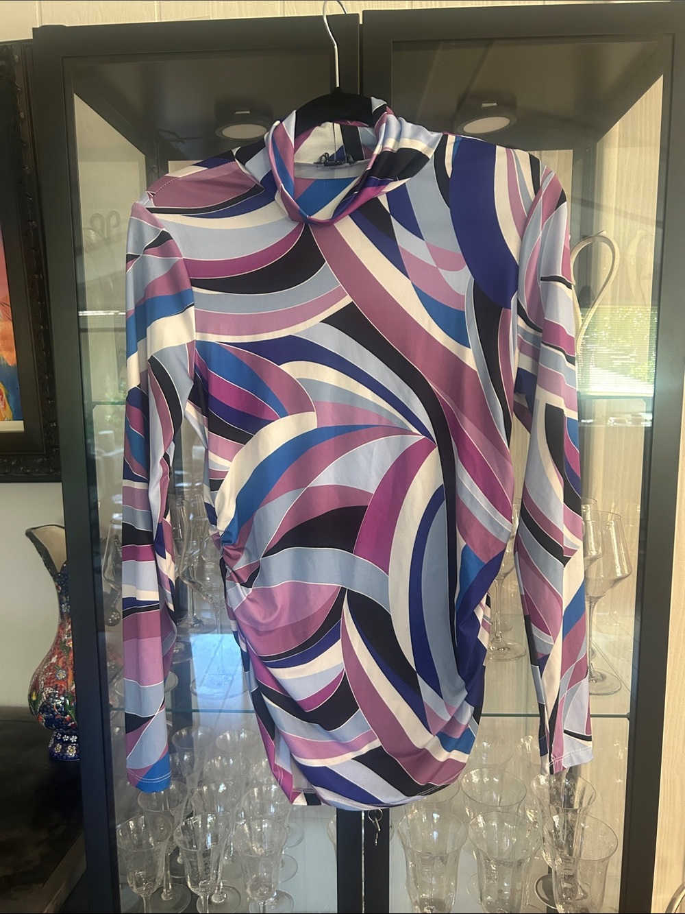Boston Proper Purple Multi Swirl Mock Neck Long Sleeve Top - Blue & Pink Accents